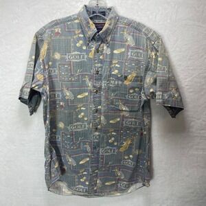 VTG Roundtree & Yorke Golf Print‎ Short Sleeve Button Up Shirt Men's Gray Small
